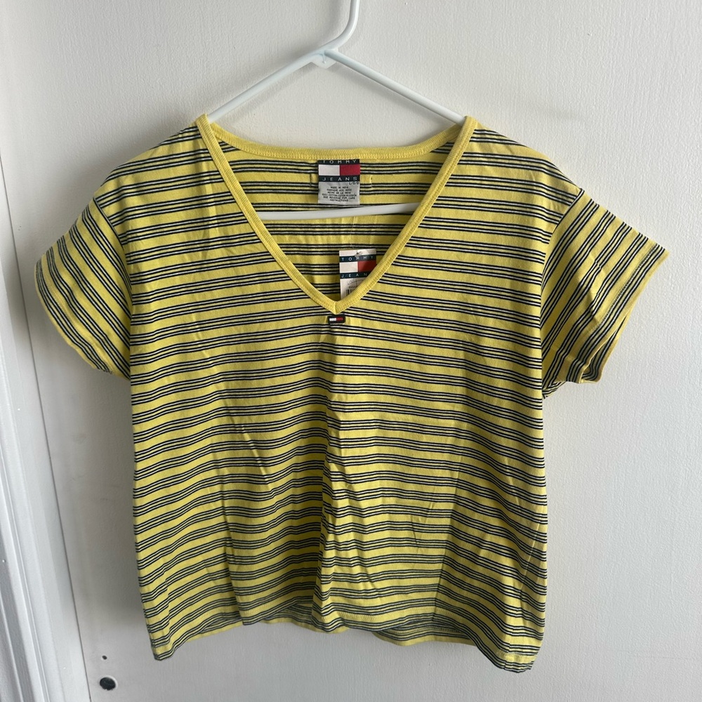 Tommy Jeans Womens Yellow Striped Crop Top V Neck Baby Tee Y2K Cotton Size L